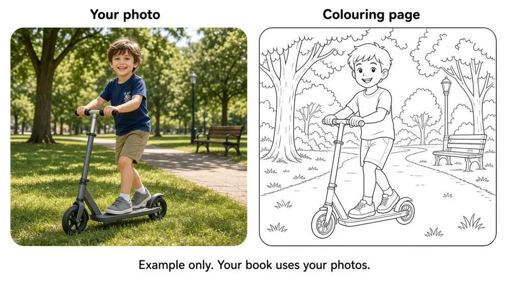 A child photo beside the colouring page made from it