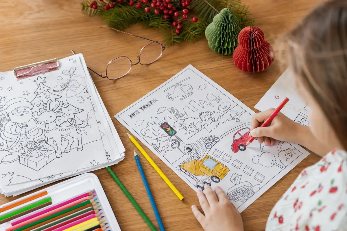 A child colouring a page at a table with pencils and a printed colouring book
