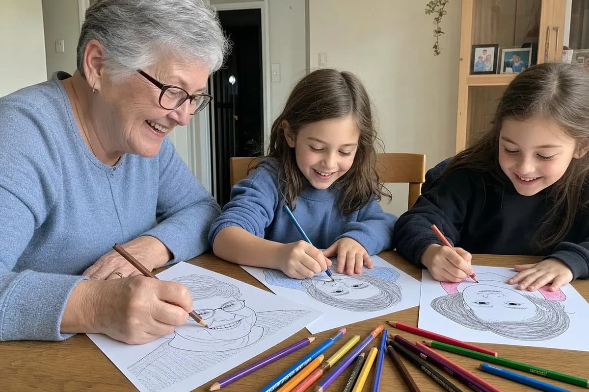 Grandparent colouring a page made from grandkid photos