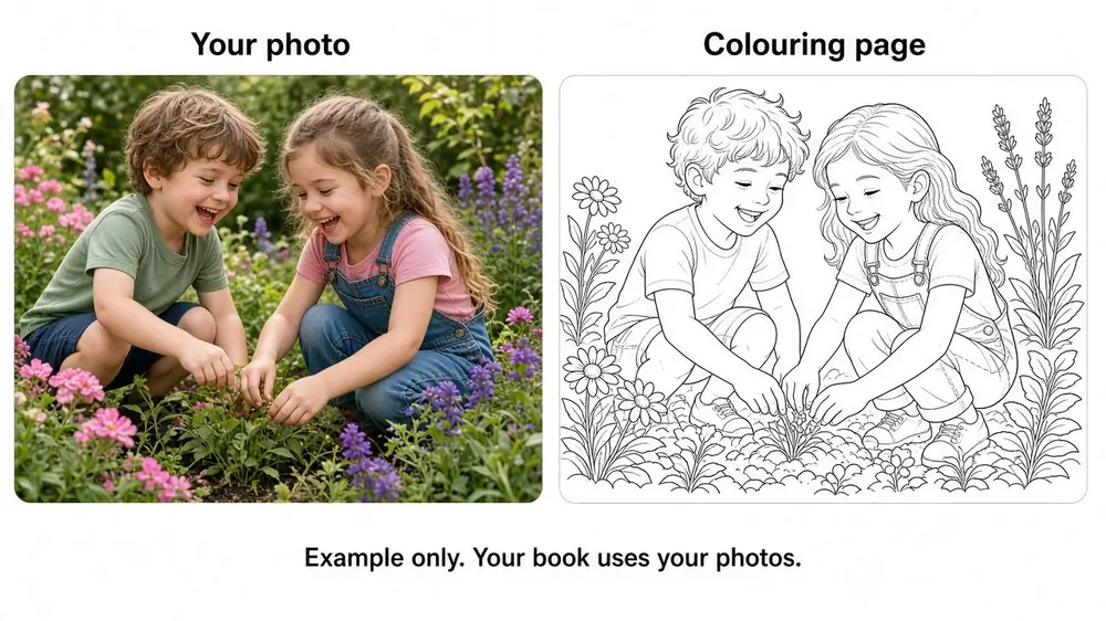 A grandparent and child photo beside the colouring page made from it