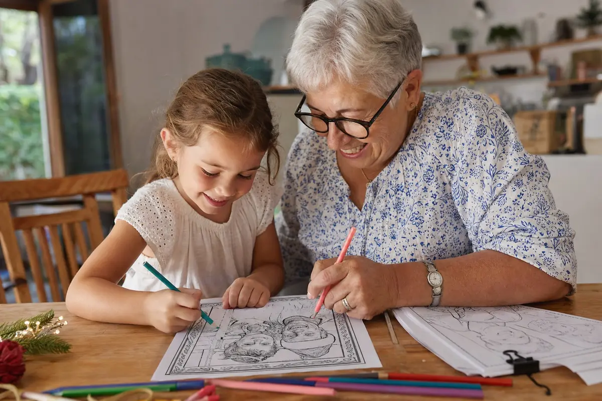 A grandparent and child colouring a Christmas book together on the sofa