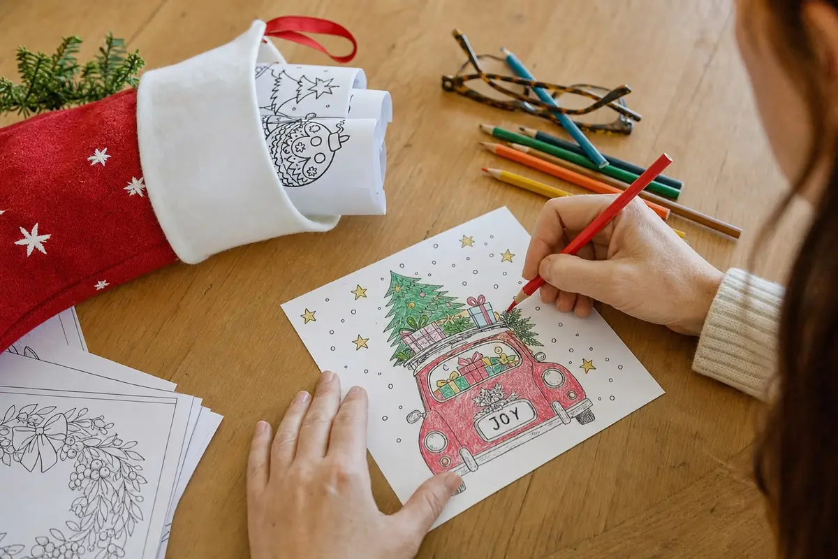 A Christmas stocking filled with colouring pages and pencils