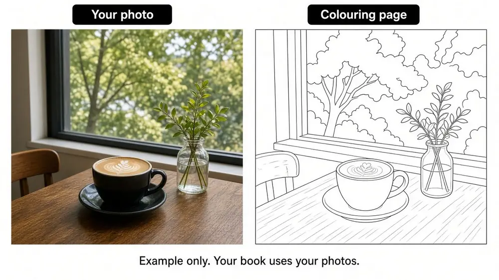 An everyday photo beside the colouring page made from it