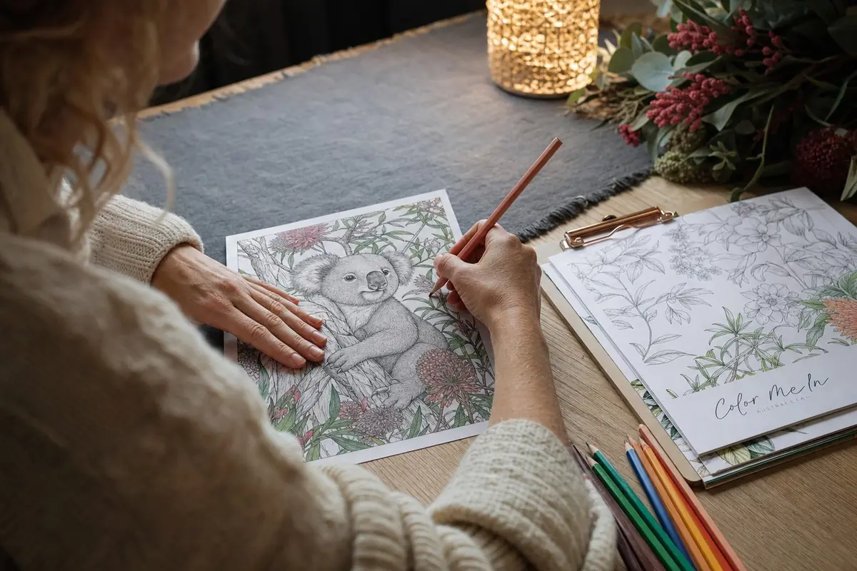 An adult colouring a calm page at a wooden table with tea