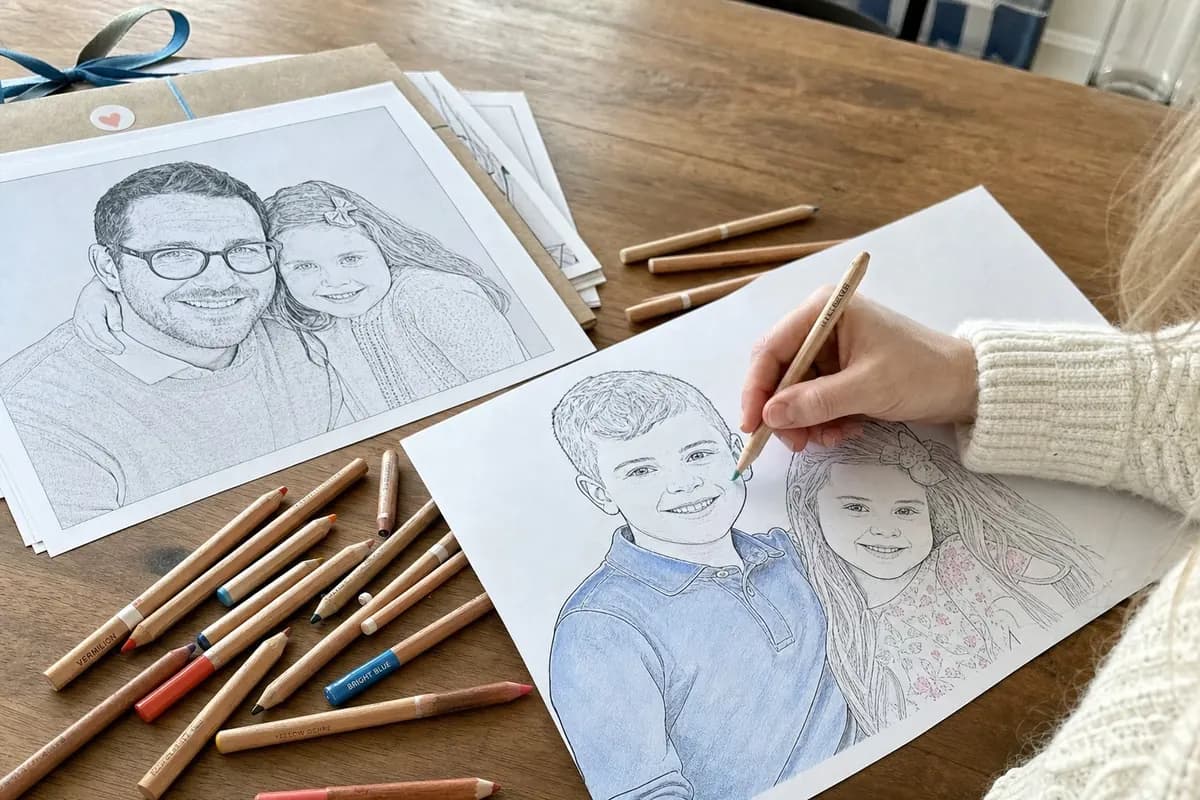 Person colouring a personalised page from a family photo