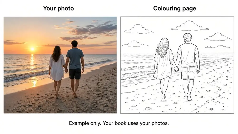 A clear portrait photo beside the colouring page made from it
