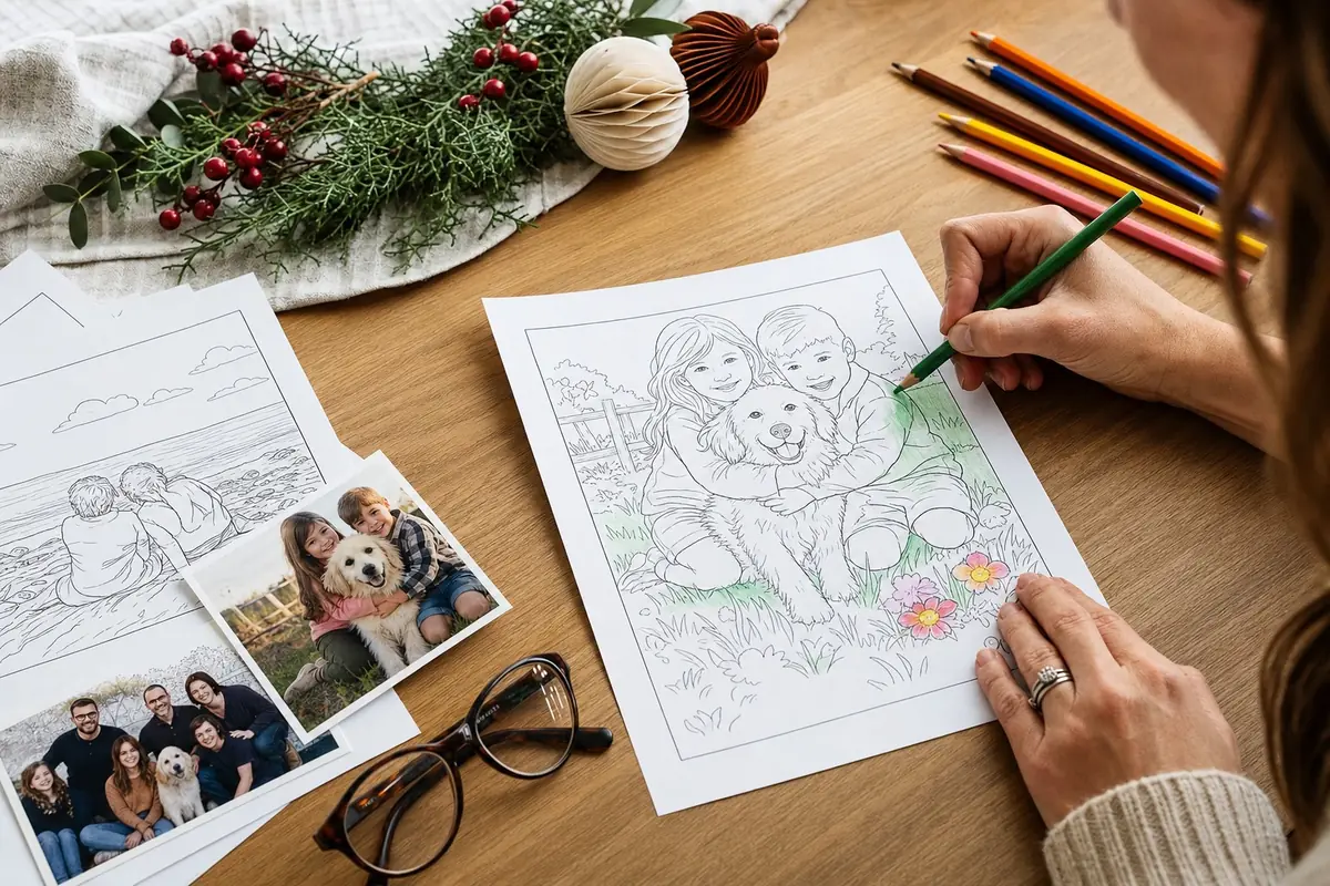 Hands sorting printed photos on a desk while choosing images for a colouring book