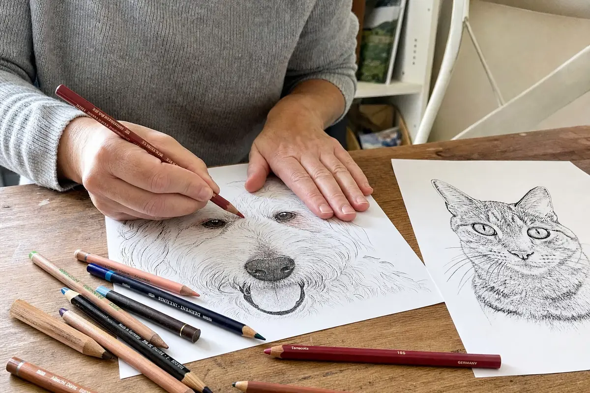 Person colouring a pet colouring page made from a photo