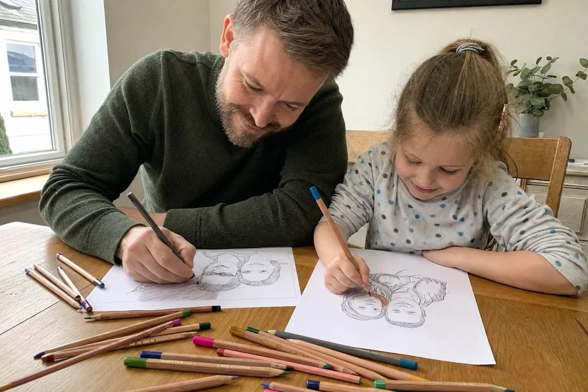 Someone colouring a keepsake page from a family photo