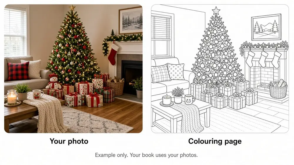 A photo of a parent and child beside the colouring page made from it