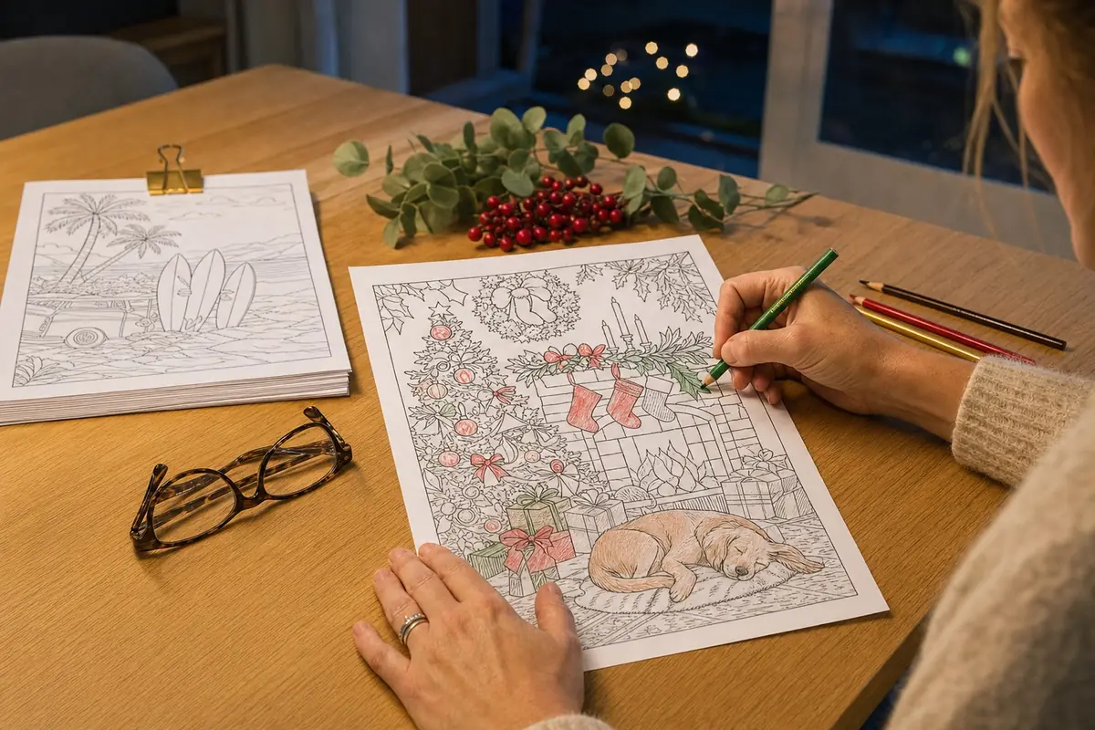 A parent printing a colouring book at the kitchen table while a child colours