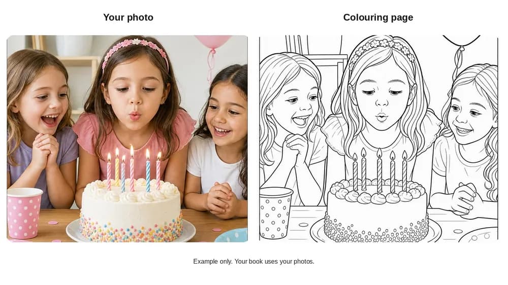 Before and after: birthday photo and colouring page
