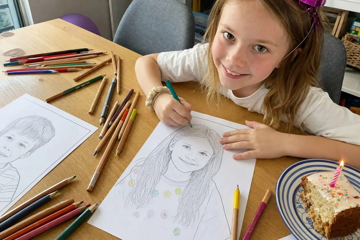 Child colouring a birthday page made from their photo