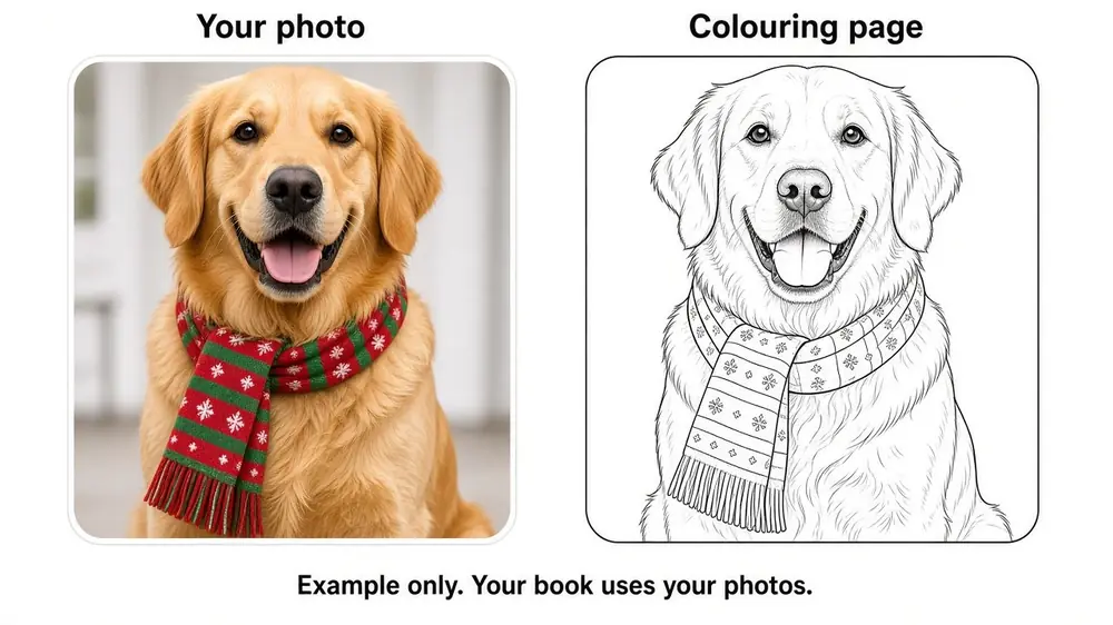 A pet photo beside the colouring page made from it