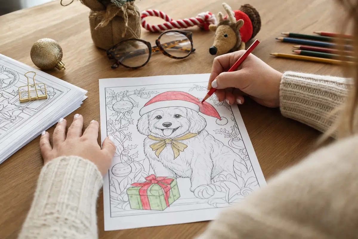 A person colouring a pet portrait beside a wrapped Christmas gift