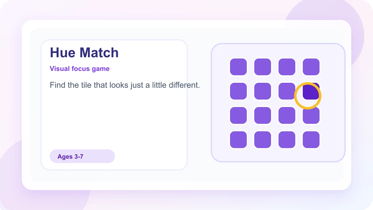 Odd-One-Out Hue Match mini-game showing a grid of purple tiles