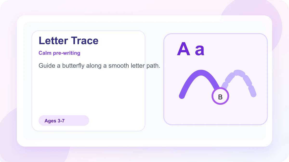 Phonics Character Tracer mini-game showing a letter path and butterfly guide