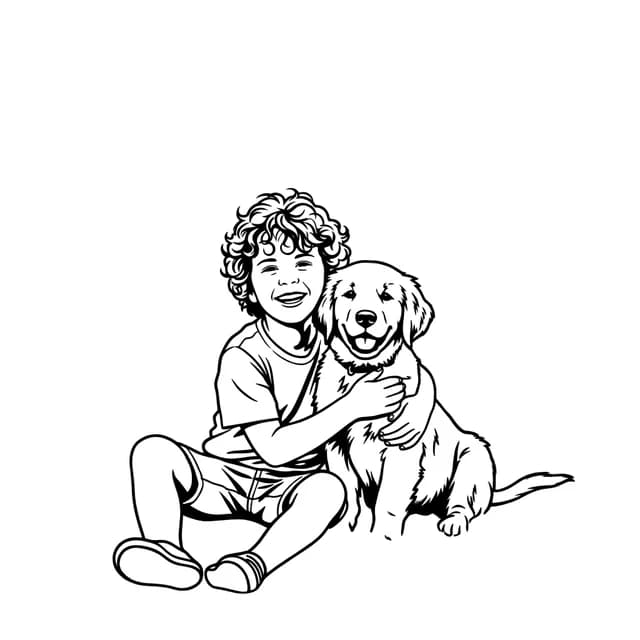 Sample colouring page of a kid and their dog