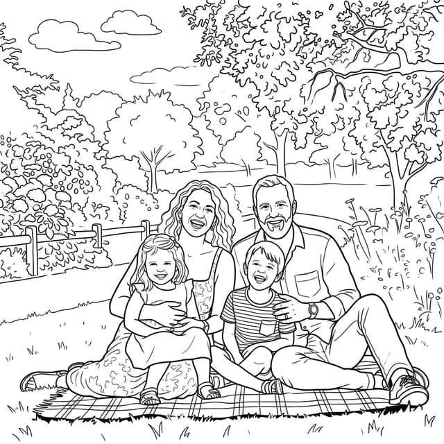Sample colouring page of a family picnic