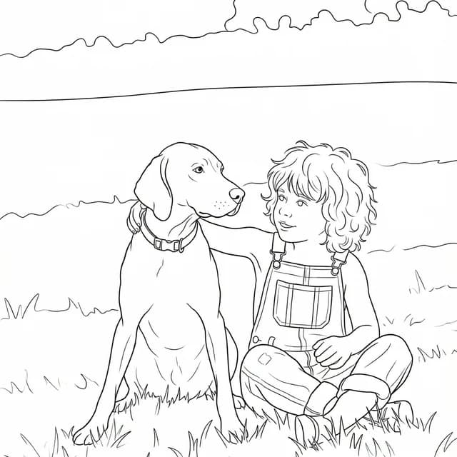 Sample colouring page close-up of a child and dog