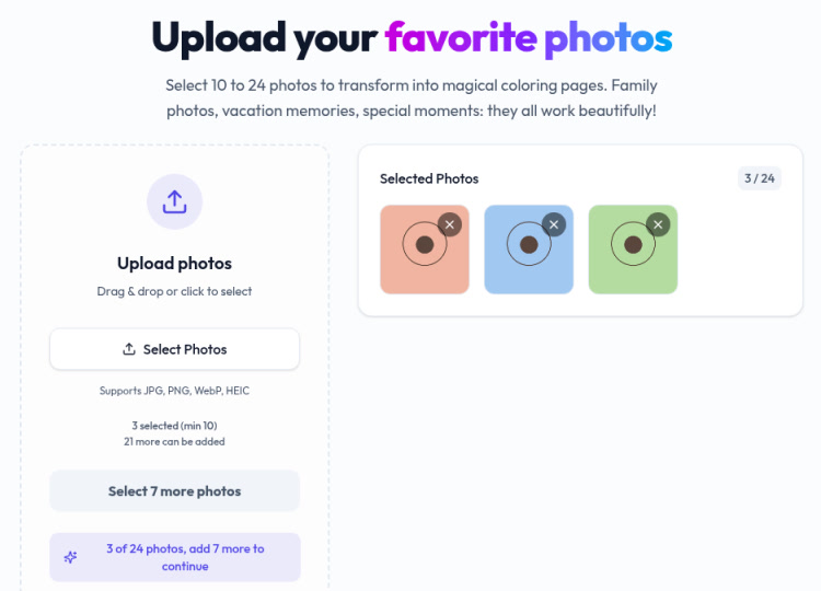 Under the minimum, Select Photos shows how many you have picked and a grey Select N more photos control (for example Select 7 more photos when you have 3). You cannot continue until you reach 10.