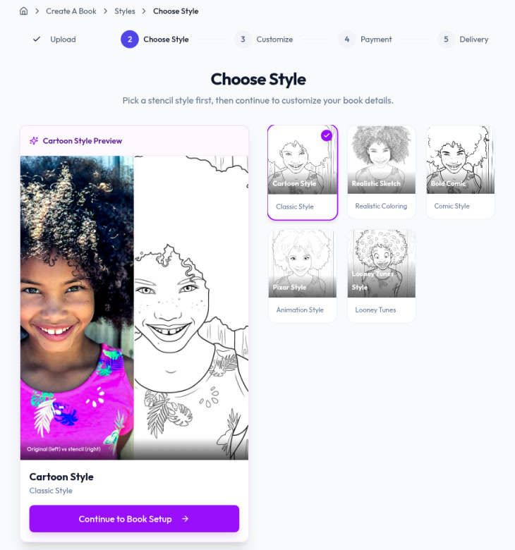 On Choose Style, pick a look in the grid, check the preview, then tap Continue to Book Setup.