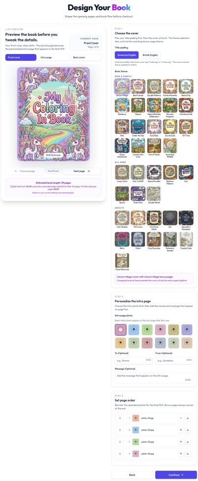 On Design Your Book, pick the cover theme, set title spelling and intro details if you want them, then tap Continue.