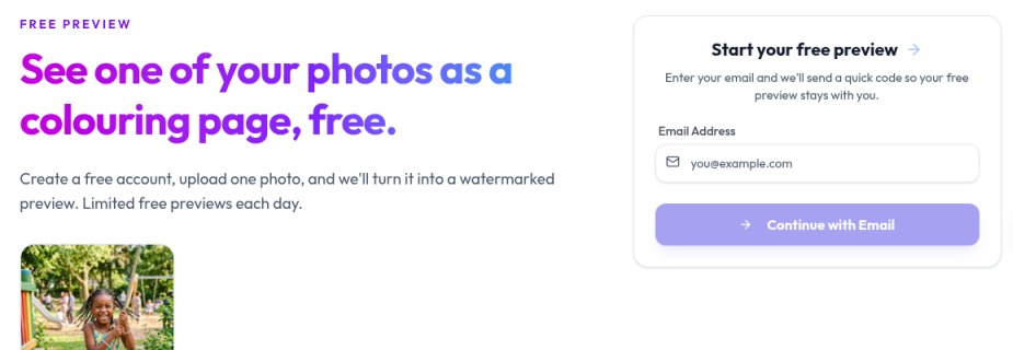 On /free-trial, enter your email and tap Continue with Email. Free language lives only here (Try one photo free / free preview), not on Create’s paid Try 2 pages for $0.99.